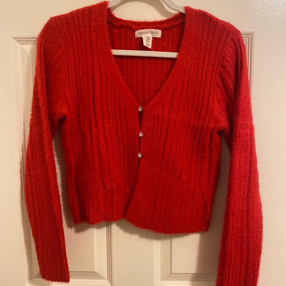Size Medium Red Happily Grey Croped Sweater Button Up